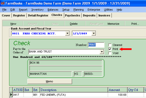 FarmBooks screen with check ready to be printed