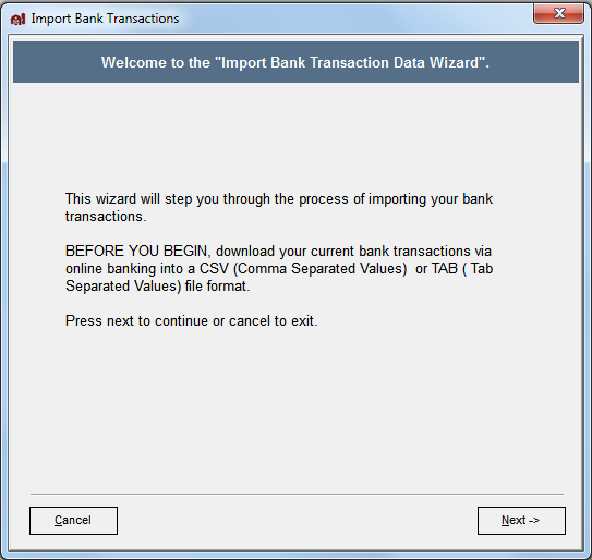 FarmBooks Import Bank Transaction Data Wizard start screen