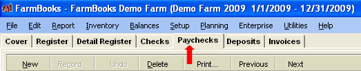 FarmBooks window with the Paychecks tab highlighted