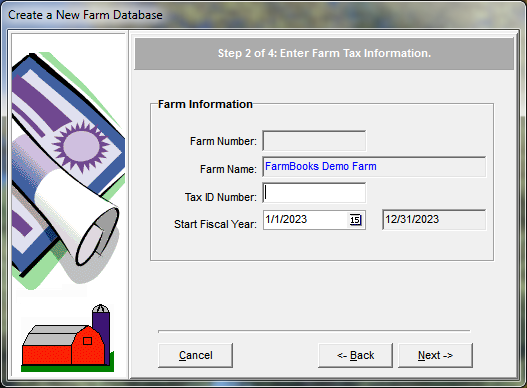 FarmBooks New Farm Wizard window: Step 2 Enter Farm Tax Information