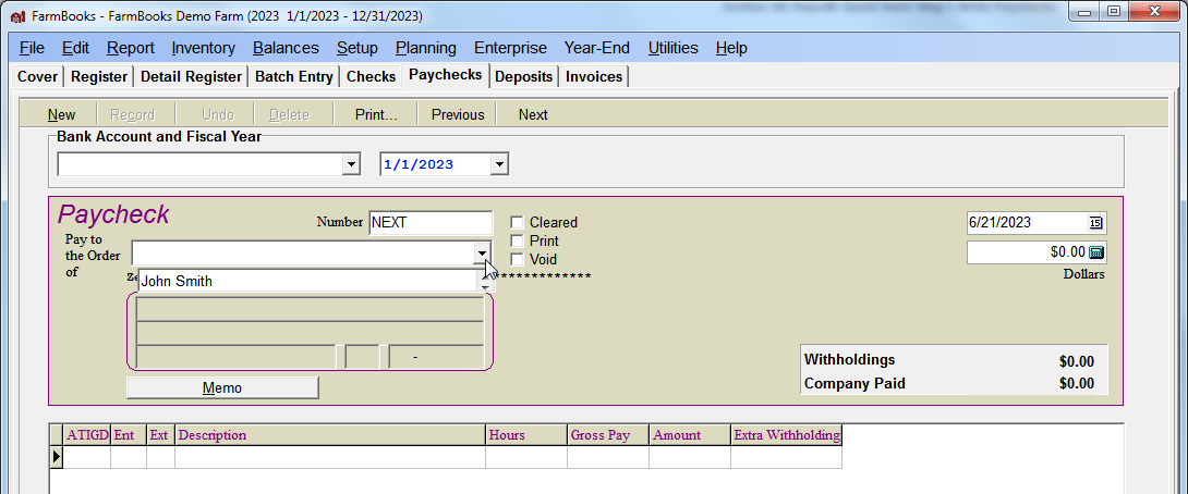 FarmBooks window with the Paychecks tab selected and a red arrow pointing to the pay to the order of field