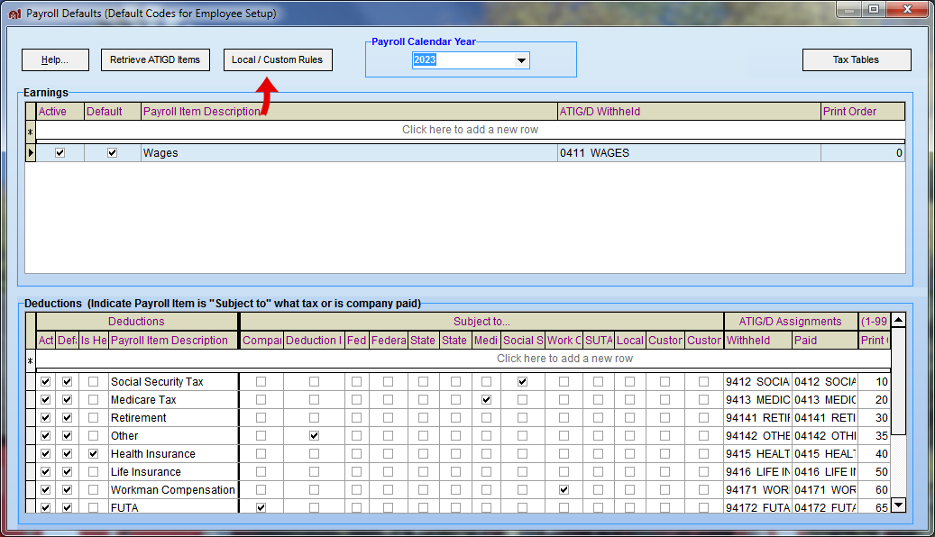 FarmBooks payroll defaults screen with local custom rules button highlighted