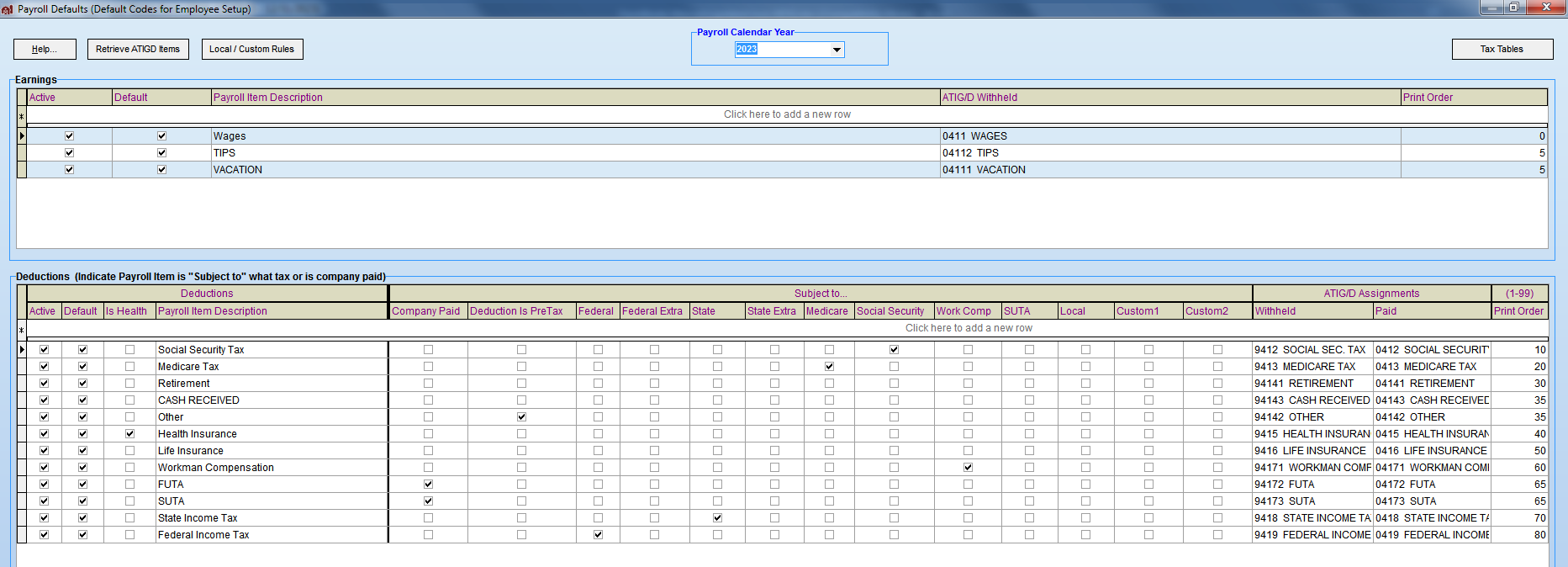 FarmBooks payroll defaults screen showing detailed list of earnings and deductions